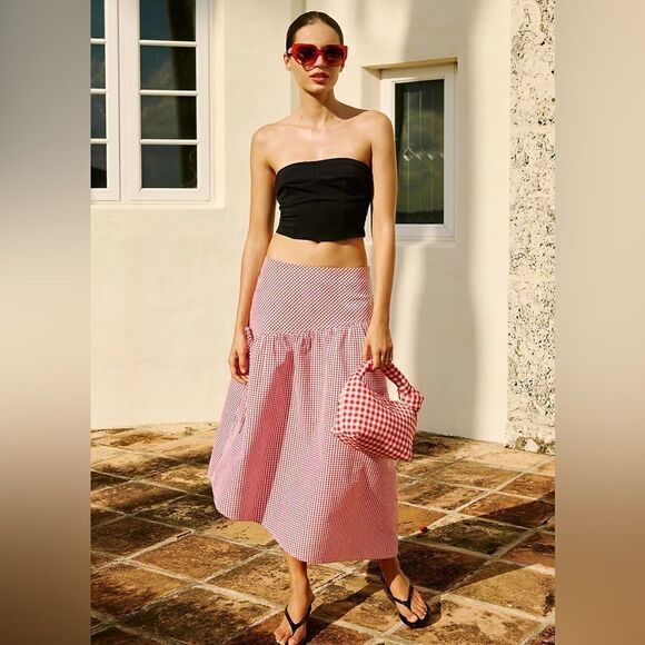 Anthropologie Maeve Asymmetrical Gingham Picnic Midi Skirt NWT - Picture 1 of 8